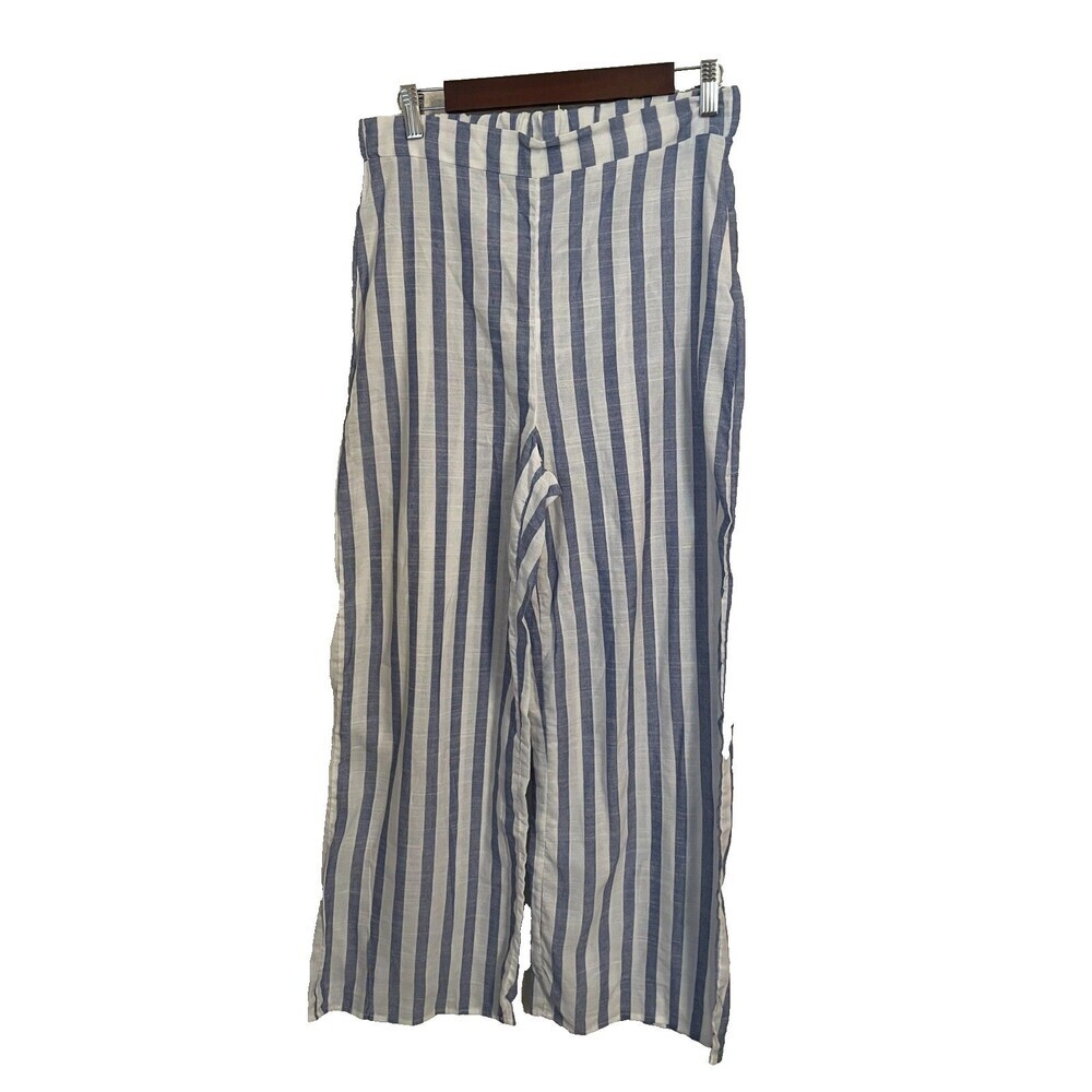 Biashe Womens Blue White Striped Wide Leg Pants Size L Cotton Blend Beach Lounge